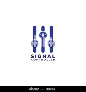 Design-Vorlage für Signal-Controller-Logo auf weißem Hintergrund isoliert. Wi-Fi-Signal-Symbol und Equalizer-Logo-Konzept. Blaues Farbschema Stock Vektor