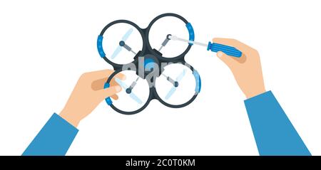 Man repariert einen Quadrocopter, Draufsicht Vektor-Illustration in einem flachen Design Stock Vektor