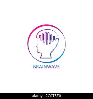 Bunte Brainwave Logo Design Vorlage. Skizzierte Menschen Kopf mit Puls Signal Welle Logo Konzept. Blau Magenta violett violett Farbabstufung Farbe. Isolieren Stock Vektor