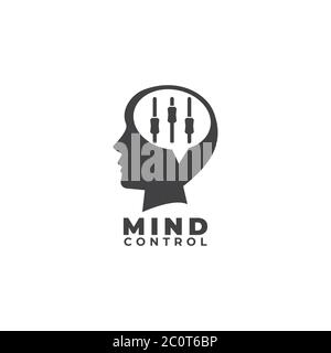 Mind Control Logo flache Designvorlage. Dunkelgraues Kopfschilde, Sprechblase oder Legende und Equalizer-Logo-Konzept. Isoliert auf weißem Hintergrund. Stock Vektor