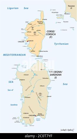 vektorkarte der beiden mittelmeerinseln korsika und sardinien Stock Vektor