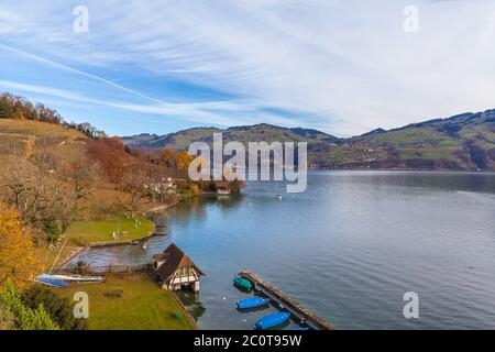 Herrliche Aussicht auf den Thunersee und die Alpen im Herbst vom Schloss in Spiez, Kanton Bern, Schweiz Stockfoto