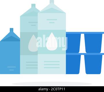 Milchverpackungen, Kefir, Buttermilch, fermentierte Milch und Joghurt in Kunststoffbehälter flach isoliert Stock Vektor