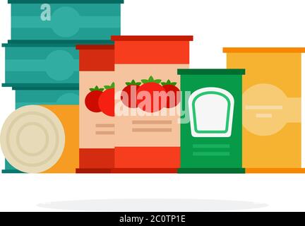 Tomaten, Suppen und Fisch in Dosen flach isoliert Stock Vektor