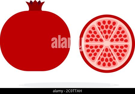Ganze Granatapfel Obst und Granatapfel Obst in einem Abschnitt flach isoliert Stock Vektor