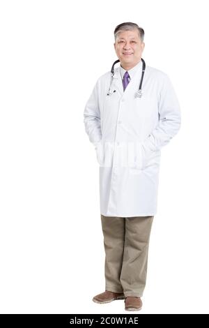 Geste des alten asiatischen Mann Arzt in weiß mit Stethoskop Stockfoto