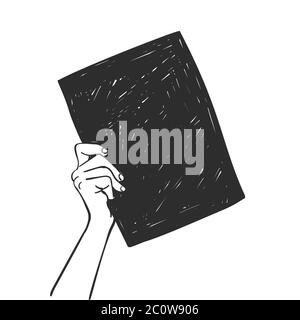 Hand hält schwarzes quadratisches Banner. Vektorskizze, handgezeichnete Illustration Stock Vektor