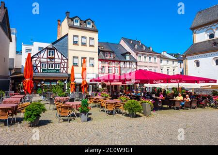 BOPPARD, Deutschland - 26. JUNI 2018: Marktplatz oder auf dem Marktplatz in Boppard. Boppard ist eine Stadt in der Rheinschlucht, Deutschland liegen. Stockfoto