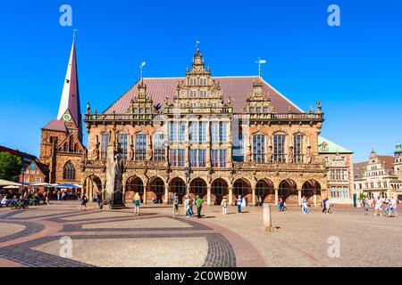 BREMEN, Deutschland - Juli 06, 2018: Bremer Rathaus oder Rathaus in der Altstadt von Bremen, Deutschland Stockfoto