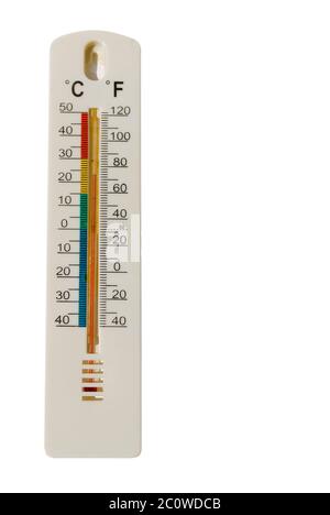 isolierte Thermometer Grad Celsius Temperaturskala weißen schließen blaues Glas Stockfoto
