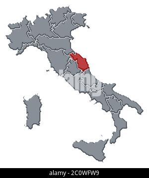 Politische Karte von Italien mit den verschiedenen Regionen wo Marken markiert ist. Stockfoto