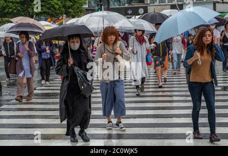 Fußgänger mit Regenschirm zu Fuß an der berühmten Shibuya Geradfahrt während eines regnerischen Tages mit Regenschirm, Tokio, Japan. Stockfoto