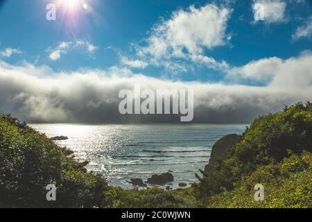 Blick auf eine Nebelwand über dem Meer vom Cape Foulweather Blick entlang der Küste von Oregon Stockfoto