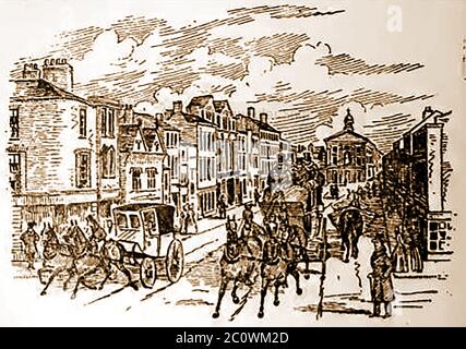 Eine historische Skizze von BRIGGATE Leeds, England, wie es 1888 während der Coaching-Ära war. Zu dieser Zeit waren viele Gasthäuser auf der Straße schon gegangen, einschließlich der Old King's Arms, der Talbot, (später Thornton's Arcade), die Rose und Crown, abgerissen, um Platz für die Queen's Arcade zu machen; Und das alte Weiße Pferd, das vor der Erweiterung der Böerspur an der westlichen Ecke der Weißen Rössl Straße gegenüberstand. Zu dieser Zeit blieben der Goldene Löwe, das Albion, der Stier und Mund und der Stern und der Garter an der Ecke Stockfoto