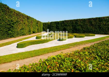 Ziersträucher im französischen Garten am sonnigen Sommertag, Kromeriz Blumengarten, Tschechische Republik, Europa. UNESCO-Weltkulturerbe Stockfoto