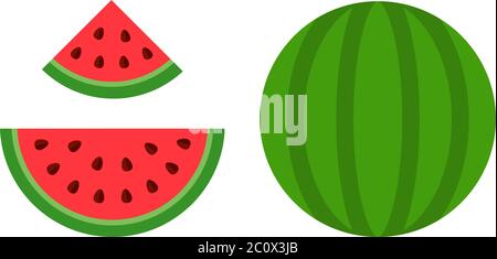 Ganze und geschnittene Wassermelone Vektor-Symbol flach isoliert Stock Vektor