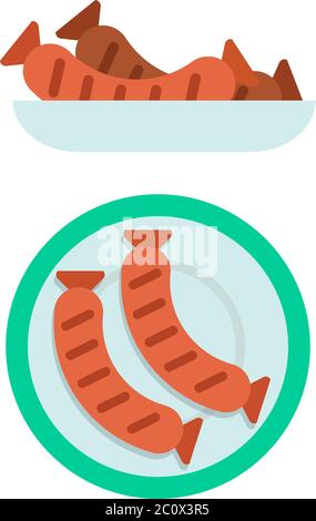 Set von gegrillten Würstchen in einem Teller Vektor-Symbol flach isoliert Stock Vektor