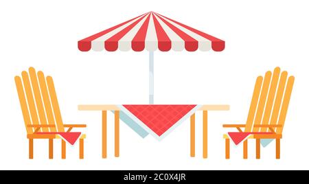 Illustration eines Sommer Picknick Stühle und Tisch unter einem Sonnenschirm Vektor-Symbol flach isoliert Stock Vektor