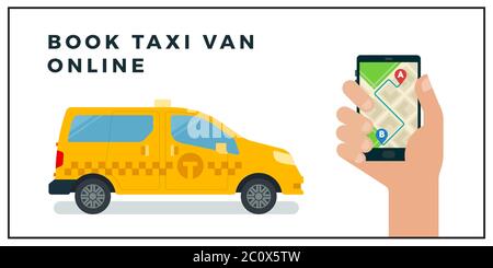 Taxi van online Vektor-Illustration in flachem Design buchen. Stock Vektor