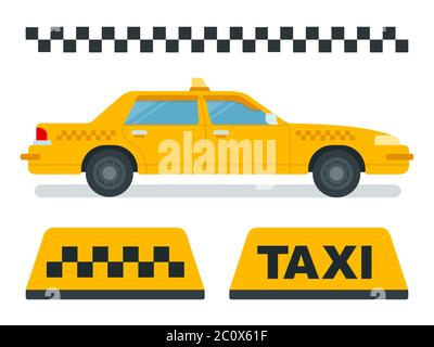 Concept Taxi, gelbes Auto, karierte Taxi Vektor-Symbole in flachem Design. Stock Vektor