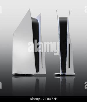 Japan – 11. Juni 2020. Präsentation eines neuen Produkts von Sony, drahtlose weiße PlayStation 5 auf grauem Hintergrund, Spielkonsole. 3d-Rendering Stockfoto