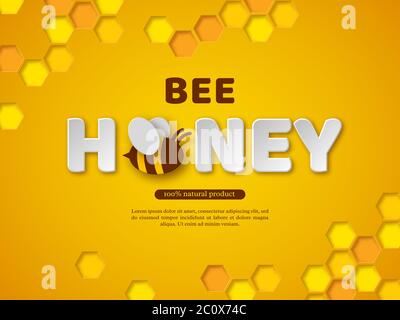 Bienenhonig typografisches Design. Papier geschnitten Stil Buchstaben, Kamm und Biene. Gelber Hintergrund, Vektorgrafik. Stock Vektor