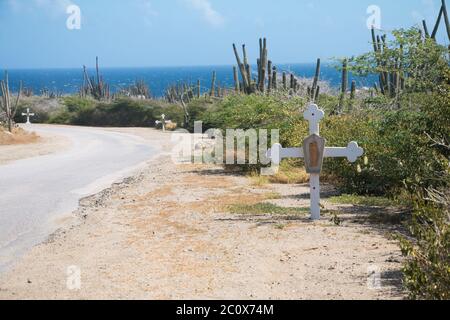 Stationen des Kreuzes entlang der Straße nach Alto Vista Kapelle, Aruba Stockfoto