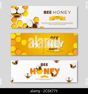 Bienenhonig horizontale Banner mit Papier geschnitten Stil Buchstaben, Kamm und Bienen, Vektor-Illustration. Stock Vektor