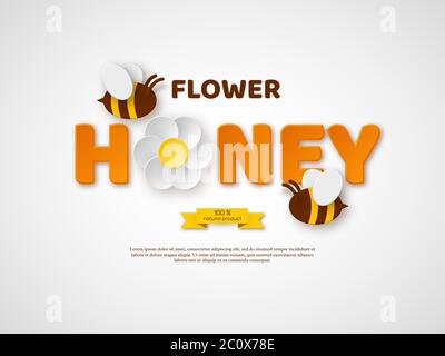 Blume Honig typografisches Design. Papier geschnitten Stil Buchstaben, Blume und Bienen. Schablone Design für Bienenfing und Honig Produkt. Weißer Hintergrund, Vektor Stock Vektor