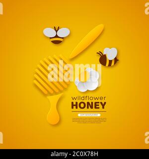 Wild Flower Honey Design. Papier Schnitt Stil Dipper, Blume und Bienen. Dekorative Elemente für die Bienenzucht und Honigprodukte. Gelber Hintergrund, Vektor Stock Vektor