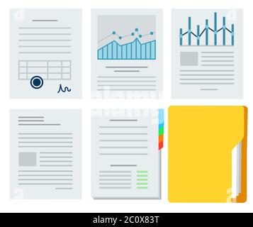 Sammlung Vektor Illustration Business-Dokumente mit Diagrammen, Grafiken in flacher Bauweise. Stock Vektor