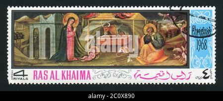 RAS AL KHAIMA - UM 1968: Stempel gedruckt von Ras al Khaima, zeigt Bild aus der bibel, um 1968. Stockfoto