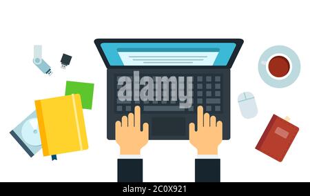 Geschäftsmann Arbeitsplatz Hände arbeiten Laptop. Stock Vektor