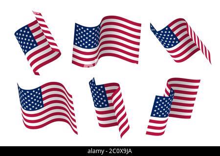 Set von 3d USA winkende Flagge. Isoliert auf Weiß, Vektorgrafik. Stock Vektor