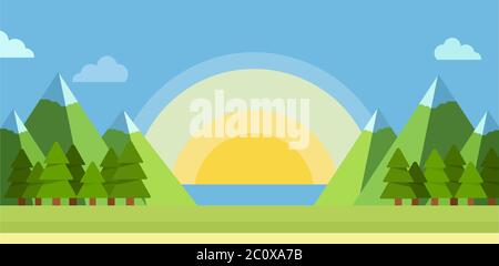 Flache Sommer Landschaft Vektorgrafik. Morgen in den Bergen. Stock Vektor