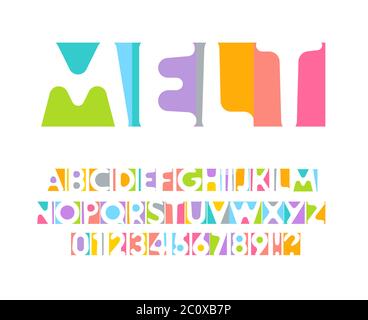 Bunte Buchstaben und Zahlen gesetzt. Farbige Vektor lateinisches Alphabet. Rainbow-Schriftart. Farbe Papier applique ABC, Negativ Raum Monogramm und Poster Stock Vektor