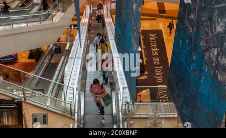 Passagiere, die mit der Rolltreppe am Internationalen Flughafen Haneda, Tokio, Japan fahren Stockfoto