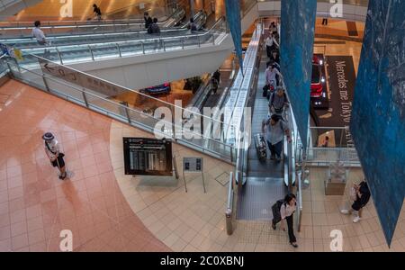 Passagiere, die mit der Rolltreppe am Internationalen Flughafen Haneda, Tokio, Japan fahren Stockfoto