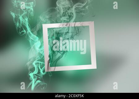 Abstrakt Smaragdgrün Farbe Rauch Explosion mit quadratischem Rahmen auf cyan Gradienten Hintergrund. Kreative minimalistische Design-Komposition mit Kopierraum. Für Stockfoto