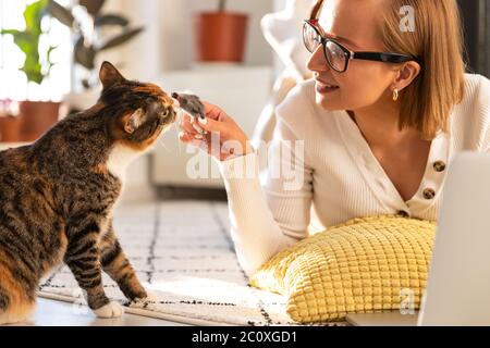 Lächelnde Frau Freelancer liegt auf dem Teppich im Wohnzimmer, spielt mit Katze eine Spielzeugmaus zu Hause, Arbeit auf Laptop während der Sperrung durch Coronavirus. Stockfoto