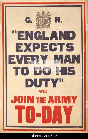 "England erwartet, dass jeder seine Pflicht tut" und der Armee heute beitreten", British war Poster, Published by Parliamentary Recruiting Committee, Lithograph by H.T. & Co., 1914 Stockfoto