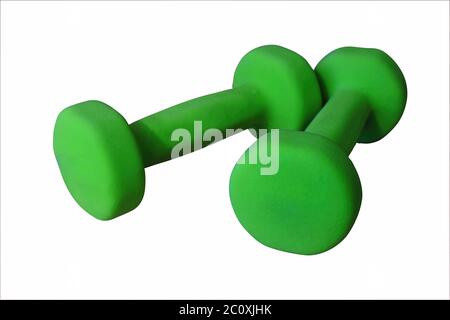 Fitnesskonzept mit zwei grünen Hanteln auf weißem Hintergrund, Nahaufnahme. Stockfoto