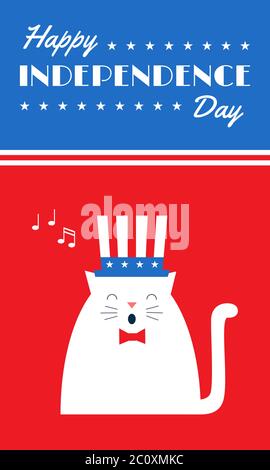 Vektordesign. Vertikales Webbanner. Text „Happy Independence Day“. Eine Katze in einem Hut singen. Blaue, rote und weiße Farben. Einfache flache Stil illustrat Stock Vektor