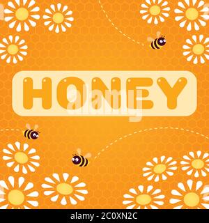 Vektorgrafik. Wort „Honig“. Bienen fliegen über weiße Gänseblümchen. Wabenmuster Hintergrund. Quadratisches Format. Stock Vektor