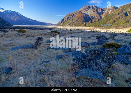 Das Hooker Valley und Aoraki/Mt Cook Village Stockfoto