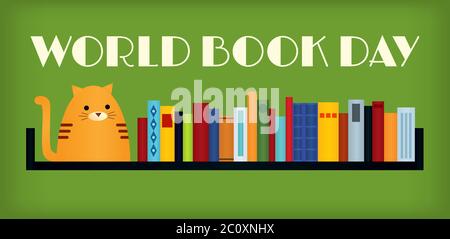Vektor bunte Retro-Stil Illustration. Eine gestromte Ingwerkatze auf einem Bücherregal. Text „Weltbuchtag“. Grüner Hintergrund. Langes horizontales Format. Stock Vektor