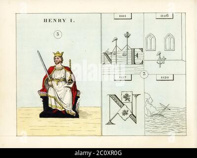 Porträt König Heinrichs I. von England mit Krone, Schwert, Kugel und Mantel. Embleme zeigen Friedensvertrag mit Frankreich, Inhaftierung in Cardiff Schloss, Französisch Invasion der Normandie und Tod von Prinz William. Handkolorierter Stahlstich nach einer Illustration von Mary Ann Rundall aus EINER symbolischen Geschichte Englands, von der Frühzeit bis zur Herrschaft von Wilhelm IV., J. H. Truchy, Paris, 1839. Mary Ann Rundall war Lehrerin junger Damen in Bath und veröffentlichte 1815 ihr Buch mit mnemonischen Emblemen. Stockfoto