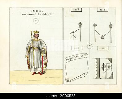 Porträt des Königs Johann von England, mit dem Nachnamen Lackland, mit Krone, Zepter, Schwert und Mantel. Embleme zeigen Ermordung von Arthur Herzog von Bretagne, Papst geben Krone zu Philipp von Frankreich, Magna Carta, und Landung von Prinz Louis von Frankreich. Handkolorierter Stahlstich nach einer Illustration von Mary Ann Rundall aus EINER symbolischen Geschichte Englands, von der Frühzeit bis zur Herrschaft von Wilhelm IV., J. H. Truchy, Paris, 1839. Mary Ann Rundall war Lehrerin junger Damen in Bath und veröffentlichte 1815 ihr Buch mit mnemonischen Emblemen. Stockfoto