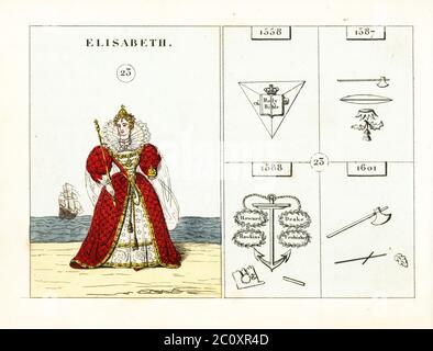 Porträt von Königin Elisabeth I. von England, Elisabeth der Guten oder der Jungfrau Königin. In Krone, hohe Rüsche, langes Kleid, hält Orb und Zepter. Embleme zeigen die Einrichtung des Protestantismus, Tod von Maria Königin der Schotten, Niederlage der spanischen Armada, und Tod des Grafen von Essex. Handkolorierter Stahlstich nach einer Illustration von Mary Ann Rundall aus EINER symbolischen Geschichte Englands, von der Frühzeit bis zur Herrschaft von Wilhelm IV., J. H. Truchy, Paris, 1839. Mary Ann Rundall war Lehrerin junger Damen in Bath und veröffentlichte 1815 ihr Buch mit mnemonischen Emblemen. Stockfoto