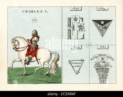 Porträt von König Karl I. von England, mit Emblemen. Charles in Plattenrüstung, Schärpe und Stiefel mit Schwert auf dem Pferd. Embleme zeigen den Beginn des Bürgerkrieges, den Tod des Königs, des Commonwealth und die Restaurierung. Handkolorierter Stahlstich nach einer Illustration von Mary Ann Rundall aus EINER symbolischen Geschichte Englands, von der Frühzeit bis zur Herrschaft von Wilhelm IV., J. H. Truchy, Paris, 1839. Mary Ann Rundall war Lehrerin junger Damen in Bath und veröffentlichte 1815 ihr Buch mit mnemonischen Emblemen. Stockfoto